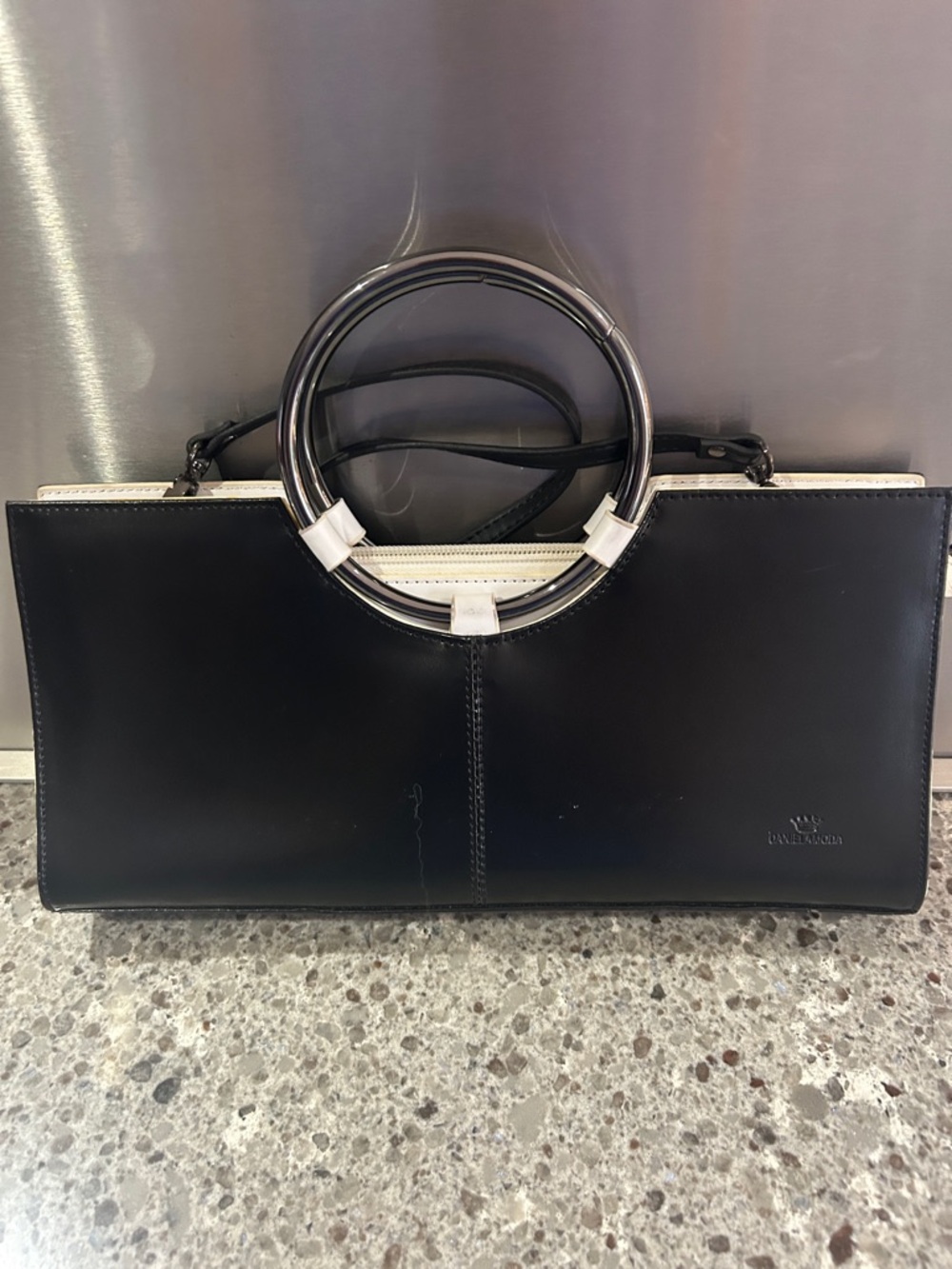 Daniela Moda Black And White Clutch Handbag Leather Stylish Elegant